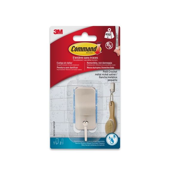 Command Gancho Compacto para Aseo - Resistente al Agua - 1 Unidad - 2 Tiras Adhesivas - Soporta hasta 450G - Talla S - Color Niquel Satinado