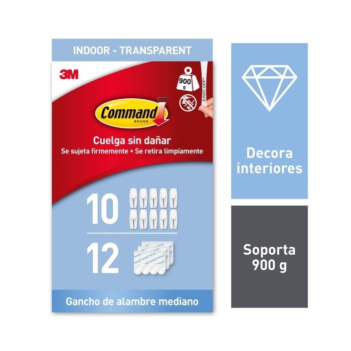 Command Pack de 10 Ganchos Mediano - 12 Tiras Adhesivas - Punta Metalica - Soporta hasta 0.9kg - Uso en Interior - Color Transparente