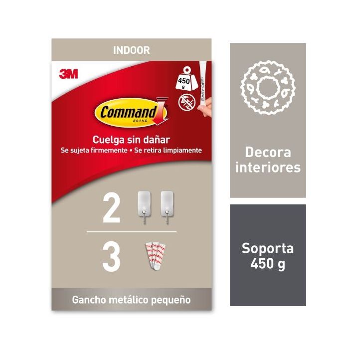 Command Pack de 2 Ganchos Compactos - Talla S - 3 Tiras Adhesivas - Soporta hasta 450G - Color Niquel
