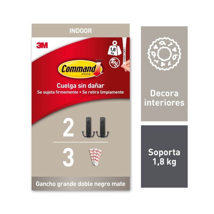 Command Pack de 2 Ganchos Dobles Grandes - 3 Tiras Adhesivas - Soporta hasta 1.8kg - Color Negro