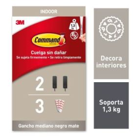 Command Pack de 2 Ganchos Medianos - 3 Tiras Adhesivas - Soporta hasta 1.3kg - Color Negro Mate