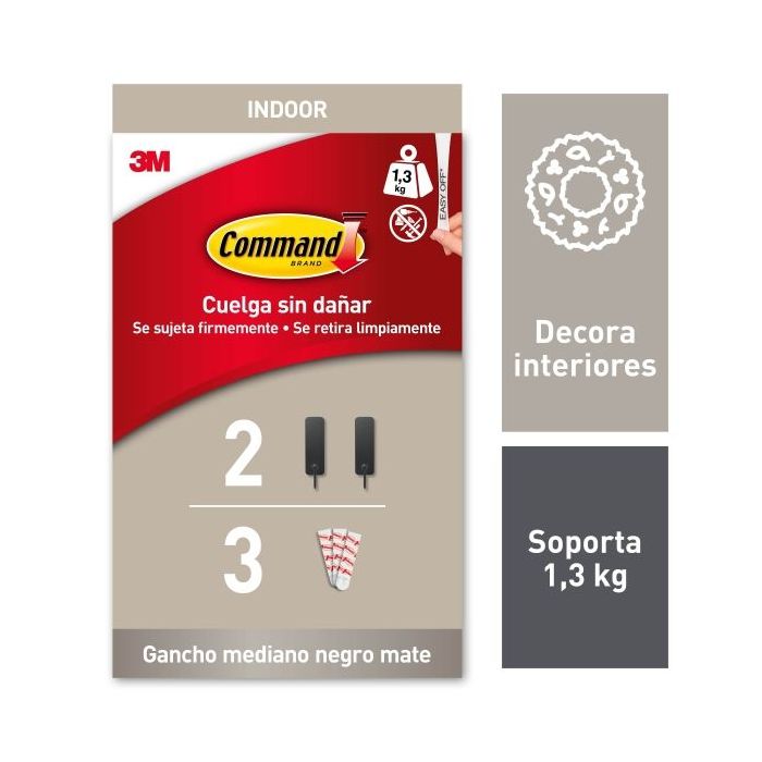 Command Pack de 2 Ganchos Medianos - 3 Tiras Adhesivas - Soporta hasta 1.3kg - Color Negro Mate