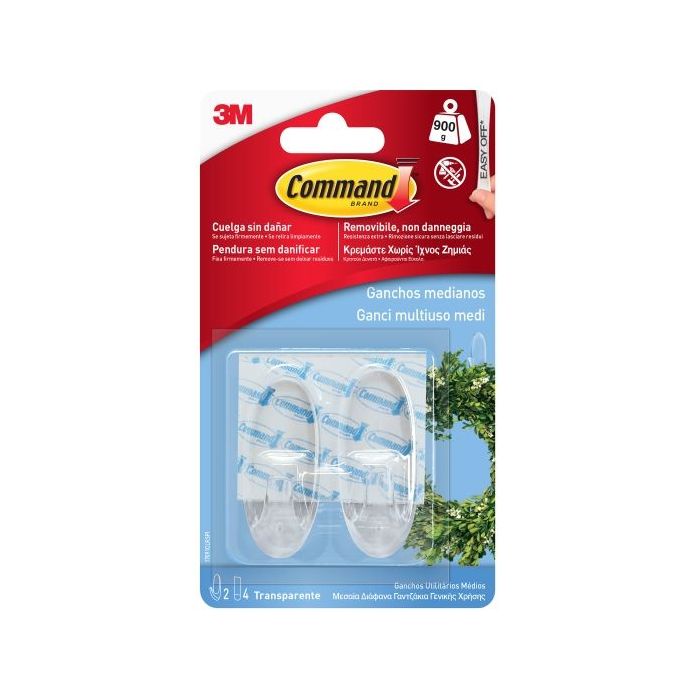Command Pack de 2 Ganchos Medianos - 4 Tiras Adhesivas - Soporta hasta 0.9kg - Color Transparente