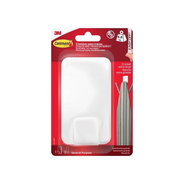 Command Gancho para Objetos Pesados - 3 Tiras Adhesivas - Extragrande - Soporta hasta 6.8kg - Color Blanco