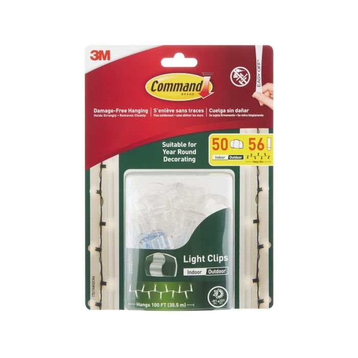 Command Pack de 50 Ganchos para Luces - Sujeccion de Clip - 56 Tiras Adhesivas - Color Transparente