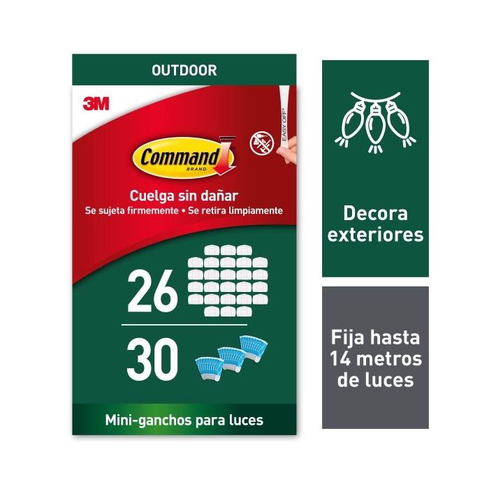 Command Pack de 26 Ganchos para Luces - Sujeccion de Clip - 30 Tiras Adhesivas - Color Blanco
