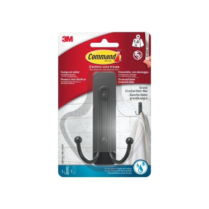 Command Gancho Doble Grande para Aseo - Resistente al Agua - 1 Tira Adhesiva - Soporta hasta 1.8kg - Color Negro Mate