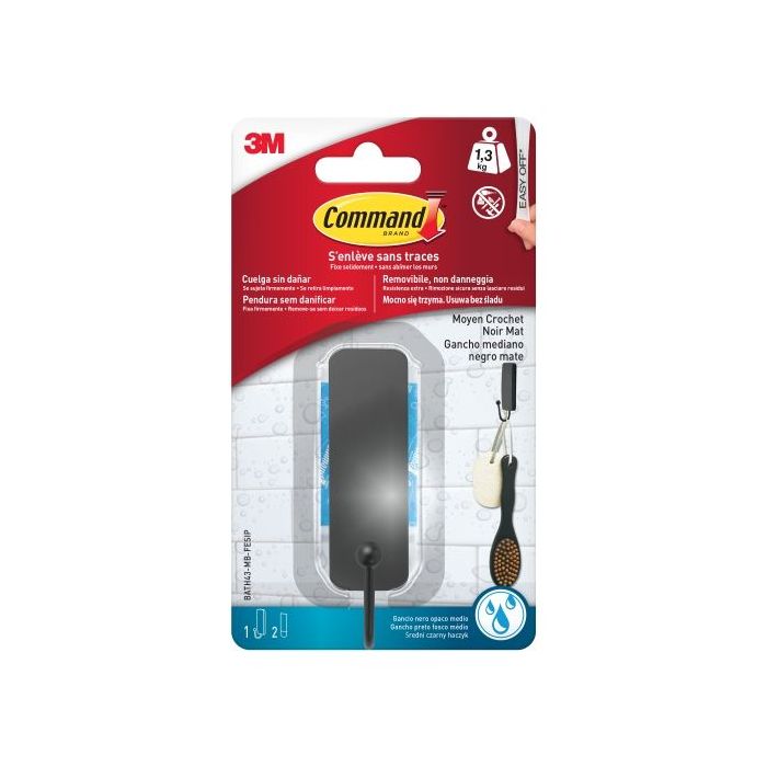 Command Gancho Medianos para Aseo - 2 Tiras Adhesivas - Resistente al Agua - Soporta hasta 1.3kg - Color Negro Mate