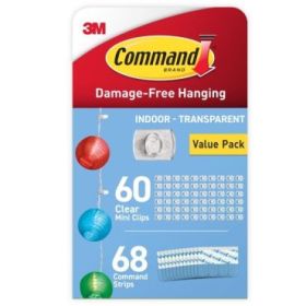 Command Clip Mini Pack de 60 Ganchos para Cable - 68 Tiras Adhesivas - Uso en Interior - Retirada Sin Deteriorar la Superficie - Color Transparente