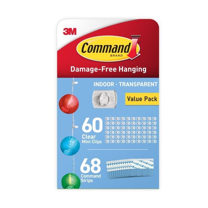 Command Clip Mini Pack de 60 Ganchos para Cable - 68 Tiras Adhesivas - Uso en Interior - Retirada Sin Deteriorar la Superficie - Color Transparente