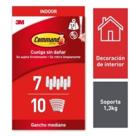 Command Pack de 7 Ganchos Medianos - 10 Tiras Adhesivas - Uso en Interior - Soporta hasta 1.3kg - Color Blanco