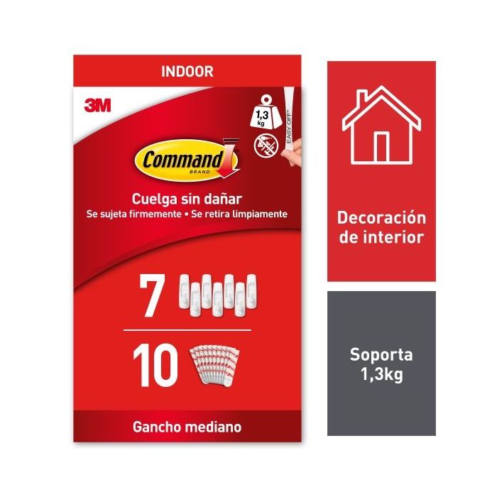 Command Pack de 7 Ganchos Medianos - 10 Tiras Adhesivas - Uso en Interior - Soporta hasta 1.3kg - Color Blanco