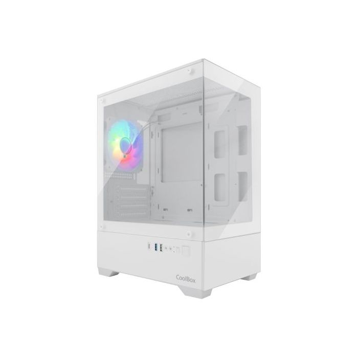 Coolbox GM200 Vision Lite Caja Mini Torre Micro ATX, Mini-ITX - Frontal y Lateral Cristal Templado - Tamaño HDD 3.5" y 2.5" - USB-A 3.2, USB-C 3.2, USB-A 2.0 y Audio - Ventilador Trasero ARGB - Soporta Refrigeracion Liquida - Color Blanco