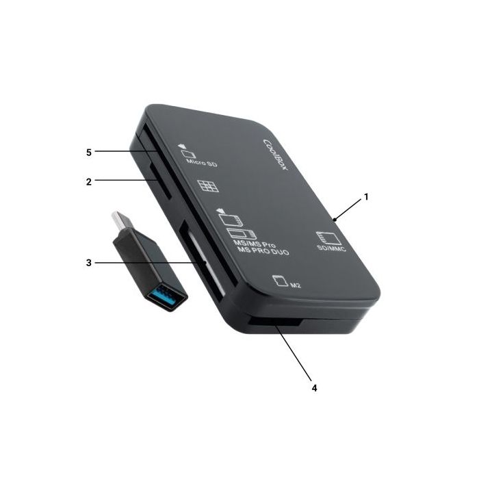 Coolbox Lector de Tarjetas USB-A - Compatible con SD, SDHC, SDXC, MMC, RSMMC, Micro SD, Micro SDHC, Micro SDXC, MS, MS Pro, MS Duo, MS Pro Duo, M2 Smart Card - Color Negro + Adaptador USB-C