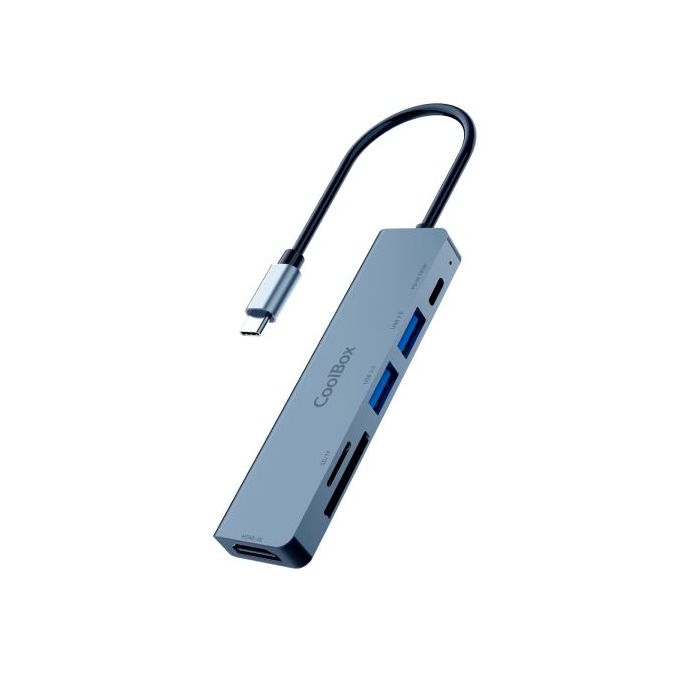 CoolBox MiniDock C61 USB-C - 1x HDMI 4K, 2x USB 3.2 Gen1, 1x USB-C PD, 1x SD, 1xMicroSD/TF - Compatible con PC, MAC y Consolas - Aluminio - Color Gris