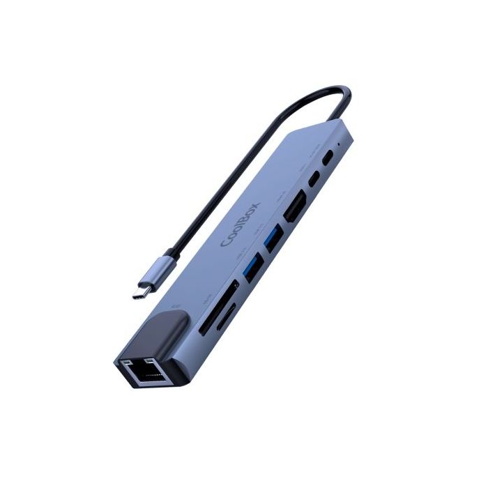 CoolBox MiniDock C81 USB-C - 1x HDMI 4K, 2x USB 3.2 Gen1, 1x USB-C PD, 1x  USB-C, 1x SD, 1xMicroSD/TF, 1x RJ45 10/100/1000 - Compatible con PC, MAC y Consolas - Aluminio - Color Gris