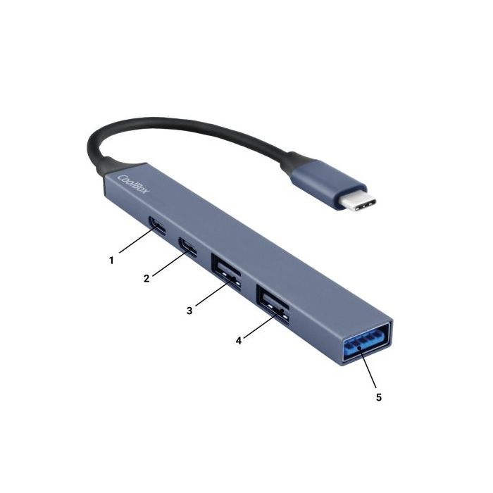 CoolBox 5 en 1 Hub miniDOCK5 USB-C - 1x USB-C PD2.0, 1x USB-C, 1x USB-A 3.2 Gen1, 2x USB-A 2.0 - Color Gris