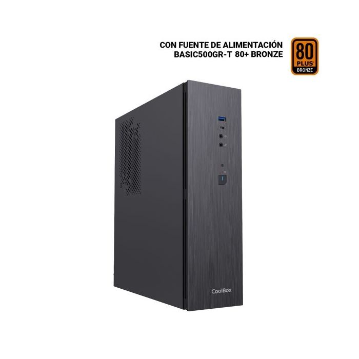 Coolbox T370 Slim Caja Torre MicroATX - Tamaño Disco Soportado 2.5" - USB-A 3.2 Gen1, USB-C 3.2 Gen1 y Audio HD - Fuente de Alimentacion 500W - Color Negro