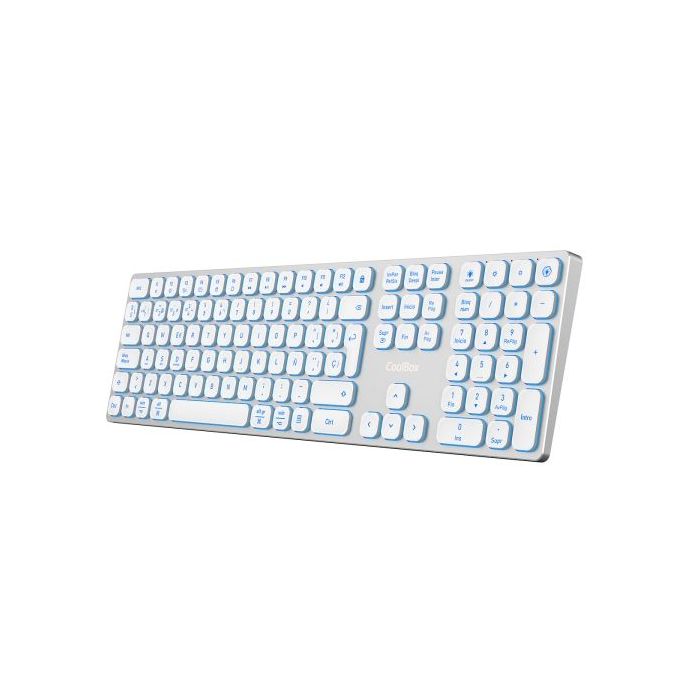 Coolbox Moonlight B431 Teclado Inalambrico - RF 2.4G y Bluetooth 5.1 - Teclas ABS Redondeadas Silencioso - Retroiluminado con 7 Colores - Bateria Recargable - Color Blanco