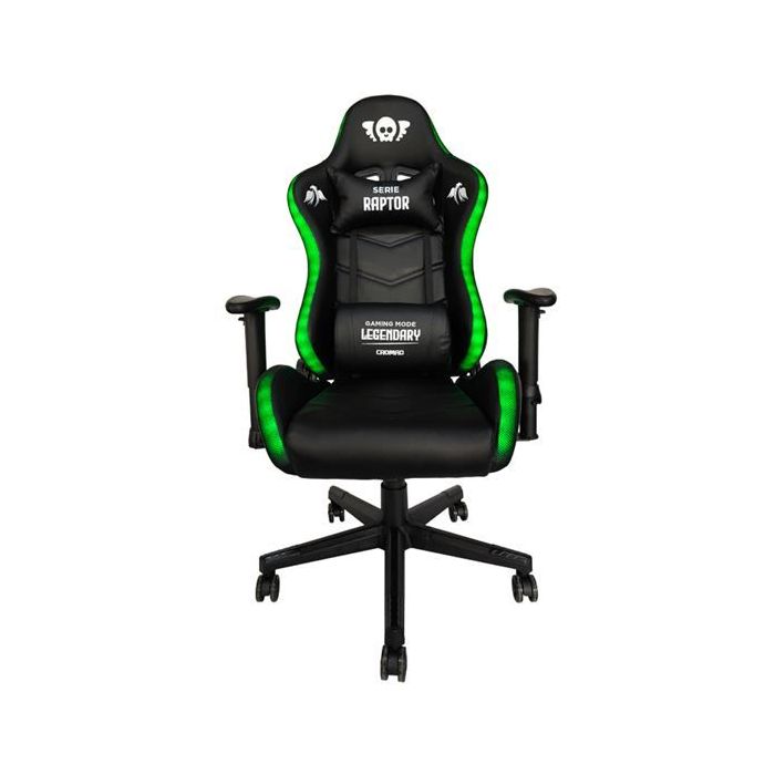 Cromad Serie Raptor Legendary Silla Gaming - Altura Regulable con Piston de Gas Clase 2 - Reclinable hasta 180º - Cojines Lumbar y Cervical - Ruedas de Nailon de 60mm - Iluminación RGB - Color Negro