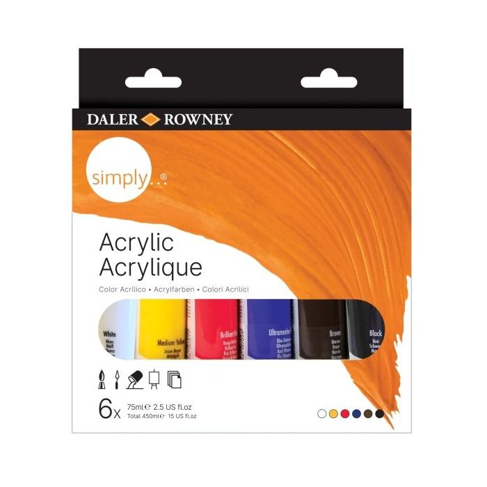 Daler Rowney Simply Pack de 6 Pinturas Acrilicas - Tubos de Plastico - 75ml - Colores Surtidos