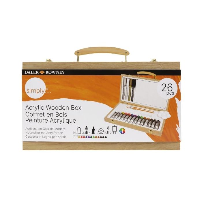 Daler Rowney Simply Pack de 26 Piezas - Pintura Acrilica - Caja de Madera - Colores Surtidos