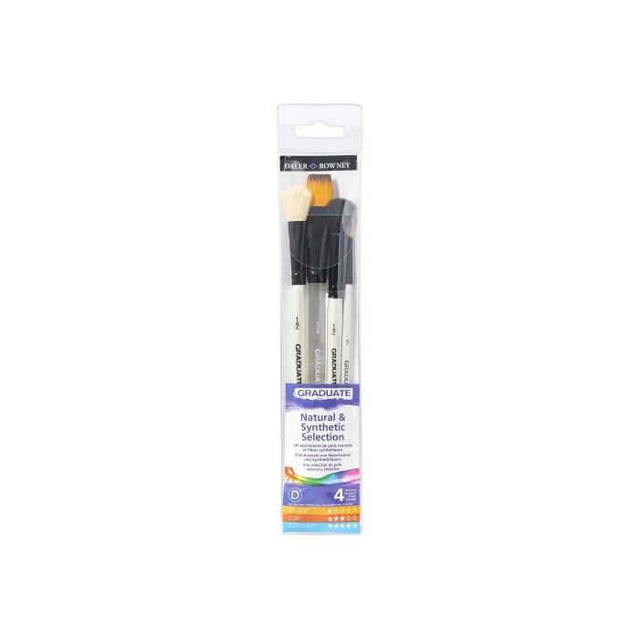Daler Rowney Graduate Pack de 4 Pinceles para Acuarelas - Pelo Sintetico y de Cabra - Mango Corto