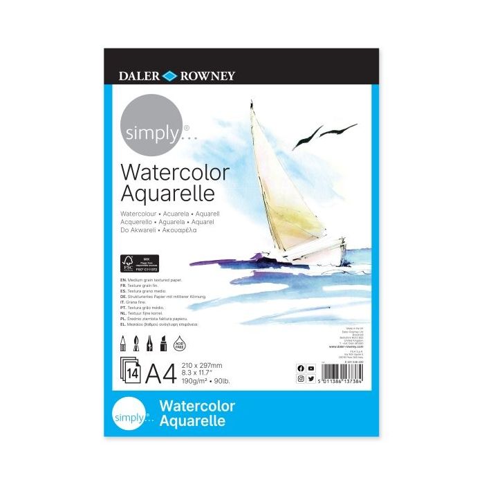 Daler Rowney Simply Bloc Encolado para Acuarela - A4 - 190g - 14 Hojas - Color Blanco