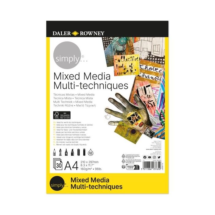 Daler Rowney Simply Bloc Encolado Mix Media - A4 - 160g - 30 Hojas - Color Blanco