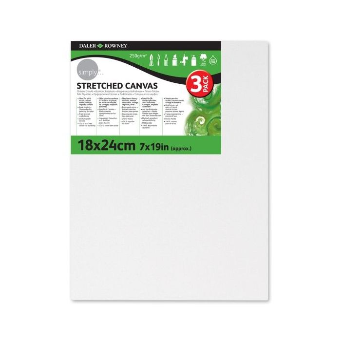 Daler Rowney Simply Pack de 3 Bastidores Entelados- 18x24cm - Imprimacion Triple - Grano Medio - 100% Algodon sin Acido - 250g - Color Blanco