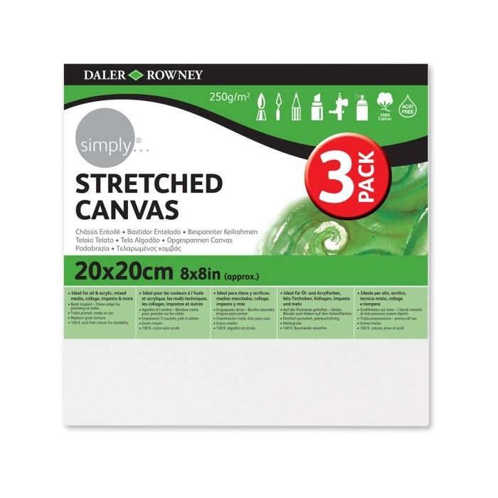 Daler Rowney Simply Pack de 3 Bastidores Entelados- 20x20cm - Imprimacion Triple - Grano Medio - 100% Algodon sin Acido - 250g - Color Blanco