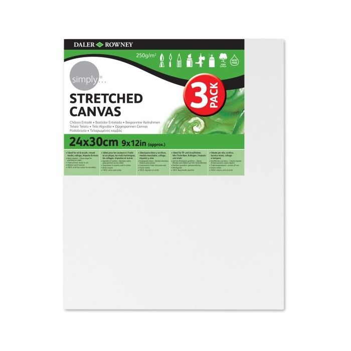 Daler Rowney Simply Pack de 3 Bastidores Entelados- 24x30cm - Imprimacion Triple - Grano Medio - 100% Algodon sin Acido - 250g - Color Blanco