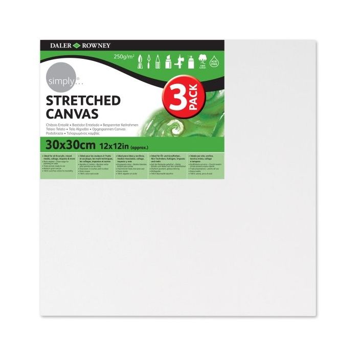 Daler Rowney Simply Pack de 3 Bastidores Entelados- 30x30cm - Imprimacion Triple - Grano Medio - 100% Algodon sin Acido - 250g - Color Blanco