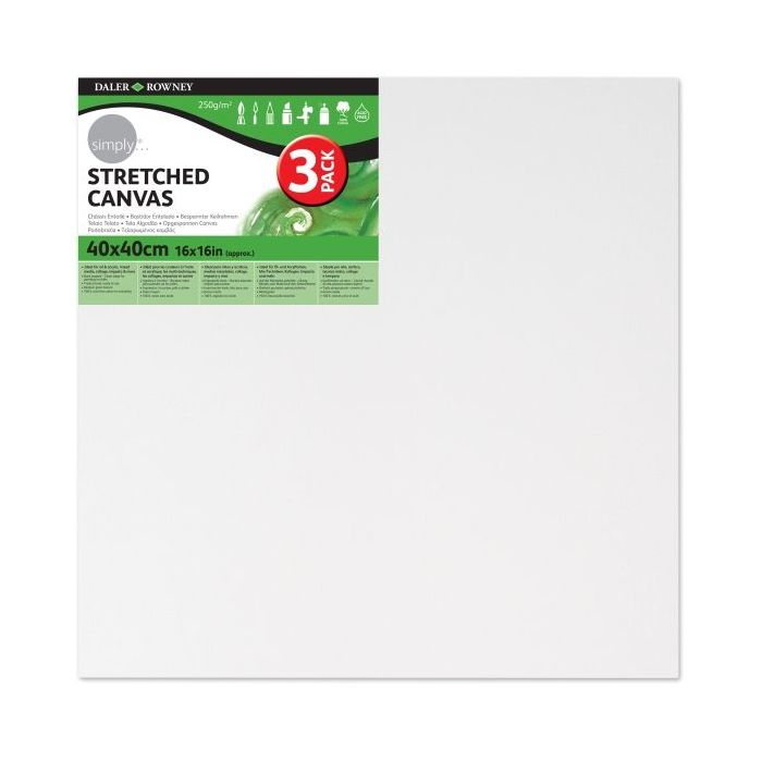 Daler Rowney Simply Pack de 3 Bastidores Entelados- 40x40cm - Imprimacion Triple - Grano Medio - 100% Algodon sin Acido - 250g - Color Blanco