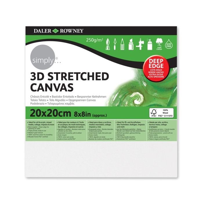 Daler Rowney Simply Bastidor Entelado 3D - 20x20cm - Imprimacion Triple - Grano Medio - 100% Algodon sin Acido - 250g - Color Blanco