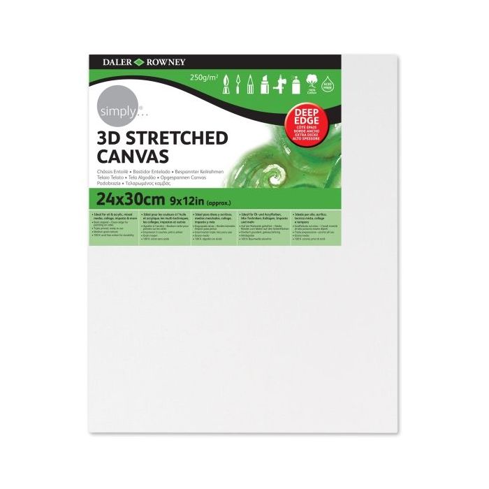 Daler Rowney Simply Bastidor Entelado 3D - 24x30cm - Imprimacion Triple - Grano Medio - 100% Algodon sin Acido - 250g - Color Blanco