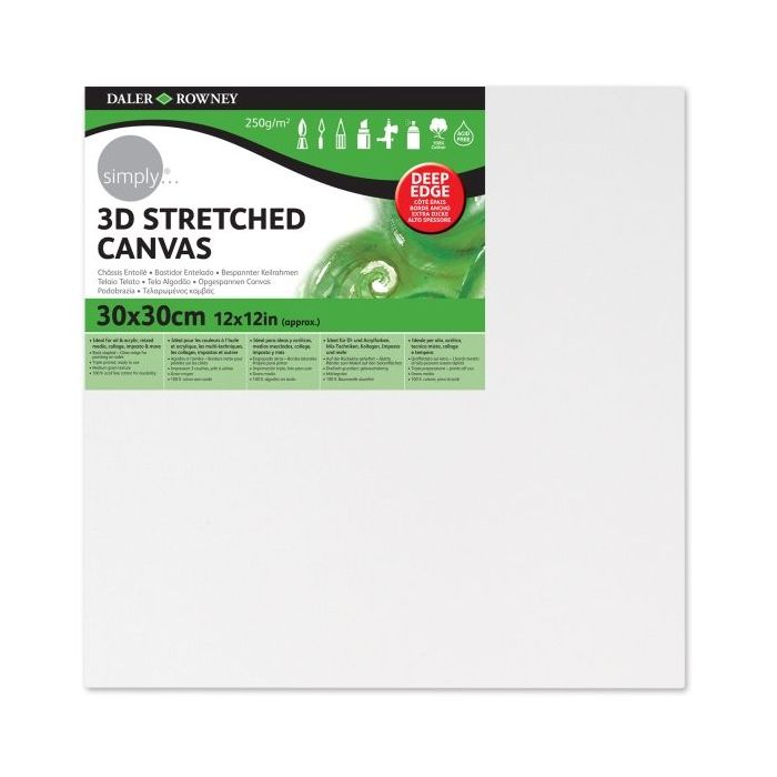 Daler Rowney Simply Bastidor Entelado 3D - 30x30cm - Imprimacion Triple - Grano Medio - 100% Algodon sin Acido - 250g - Color Blanco