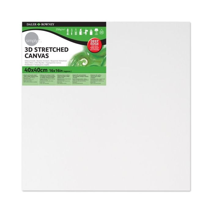 Daler Rowney Simply Bastidor Entelado 3D - 40x40cm - Imprimacion Triple - Grano Medio - 100% Algodon sin Acido - 250g - Color Blanco
