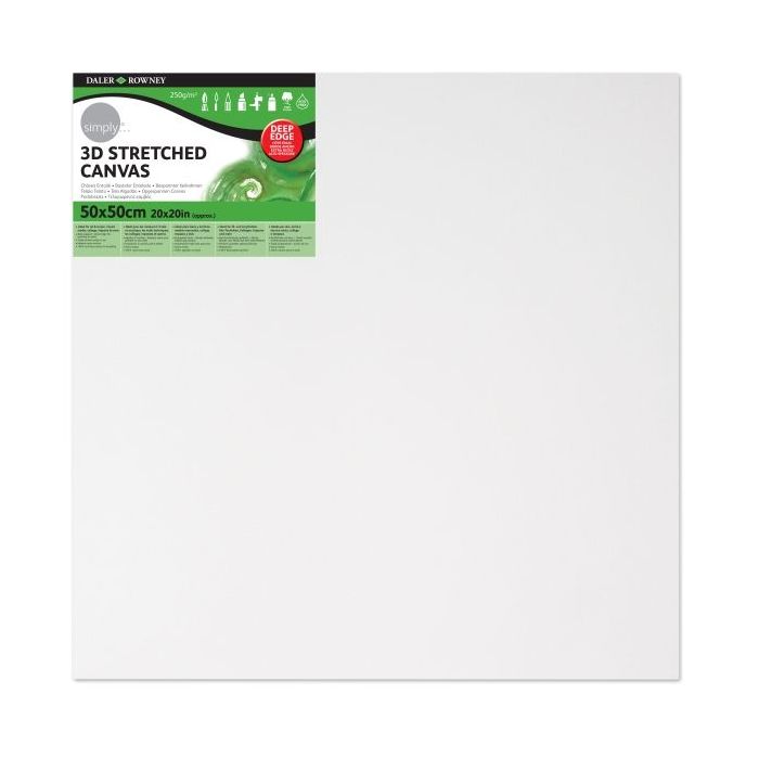 Daler Rowney Simply Bastidor Entelado 3D - 50x50cm - Imprimacion Triple - Grano Medio - 100% Algodon sin Acido - 250g - Color Blanco