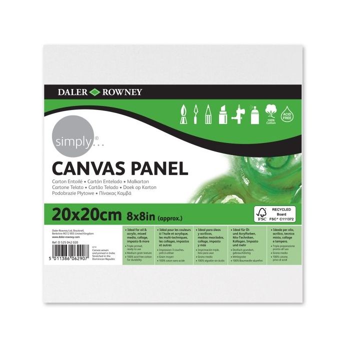 Daler Rowney Simply Carton Entelado - 250g - 20x20cm - Imprimacion Triple - Grano Medio - 100% Algodon sin Acido - 250g - Color Blanco