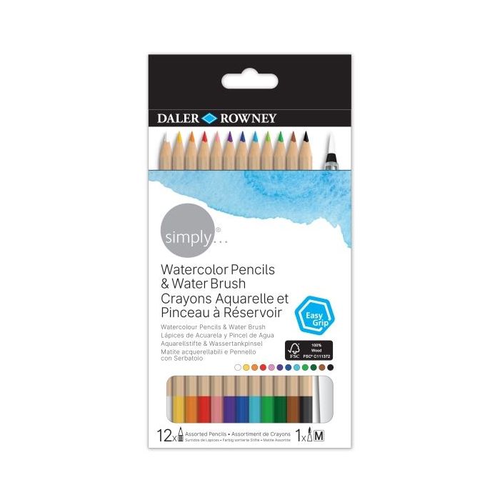 Daler Rowney Simply Pack de 12 Lapices Colores Acuarelables - Incluye Pincel Rellenable - Colores Surtidos