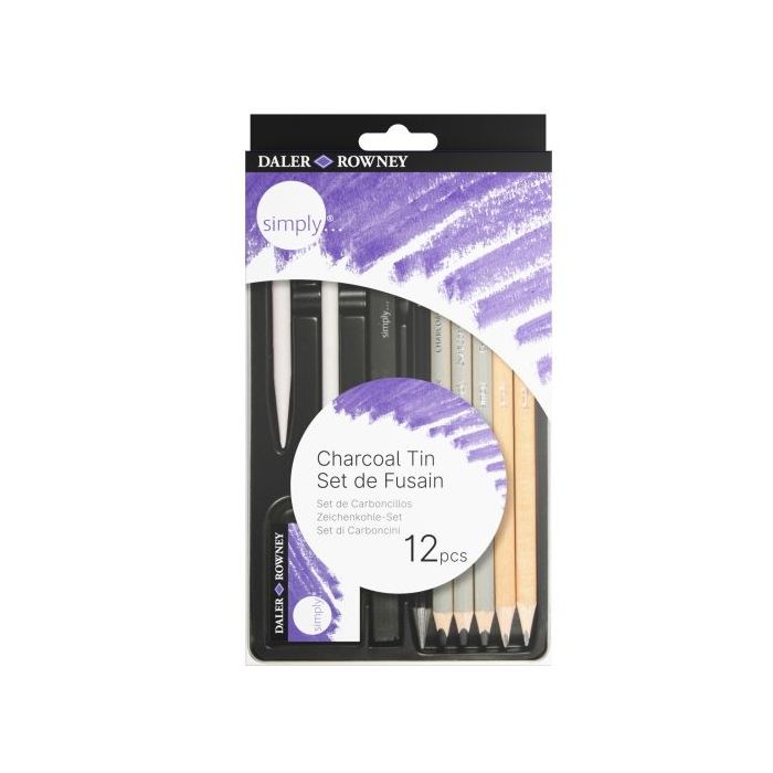Daler Rowney Simply Pack de 12 Lapices para Esbozo y Carboncillos - Bote Metalico - Color Negro