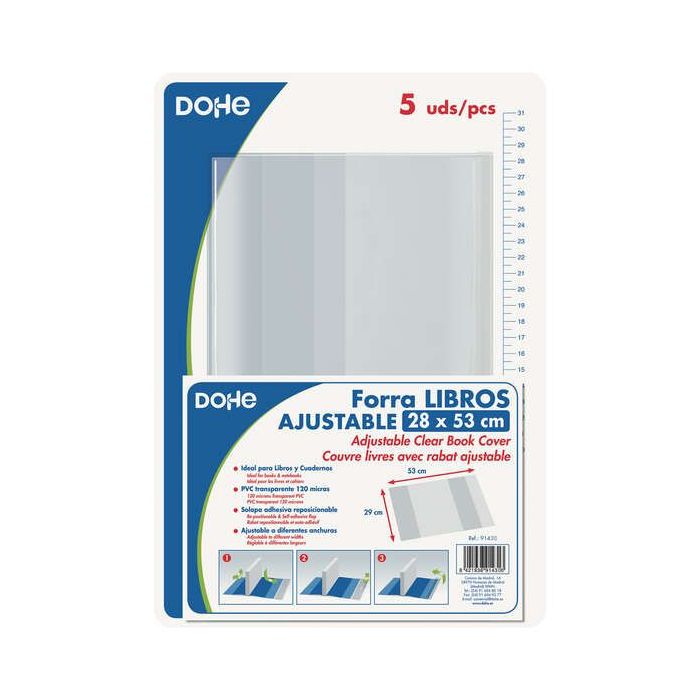 Dohe Pack de 5 Cubiertas Protectoras de Libros - Solapa Adhesiva Reposicionable - Tamaño 28x53cm - Material PVC 120 micras