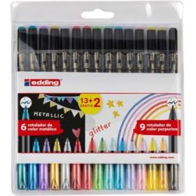 Edding 1200 Metallic and Glitter Pack de 15 Rotuladores - Punta Redonda - Trazo Metallic 1-3mm, Glitter 3mm - Tinta con Base de Agua - Colores Metalicos y Glitter