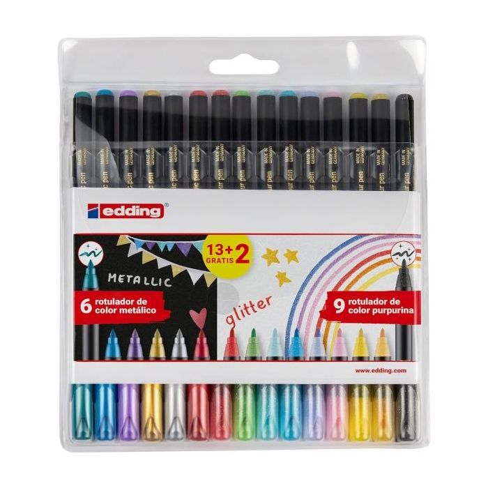 Edding 1200 Metallic and Glitter Pack de 15 Rotuladores - Punta Redonda - Trazo Metallic 1-3mm, Glitter 3mm - Tinta con Base de Agua - Colores Metalicos y Glitter