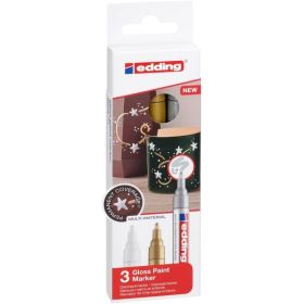 Edding 750 Pack de 3 Rotuladores Permanentes - Punta Redonda - Trazo entre 2 y 4 mm. - Tinta Opaca - Secado Rapido - Colores Blanco, Plata y Oro