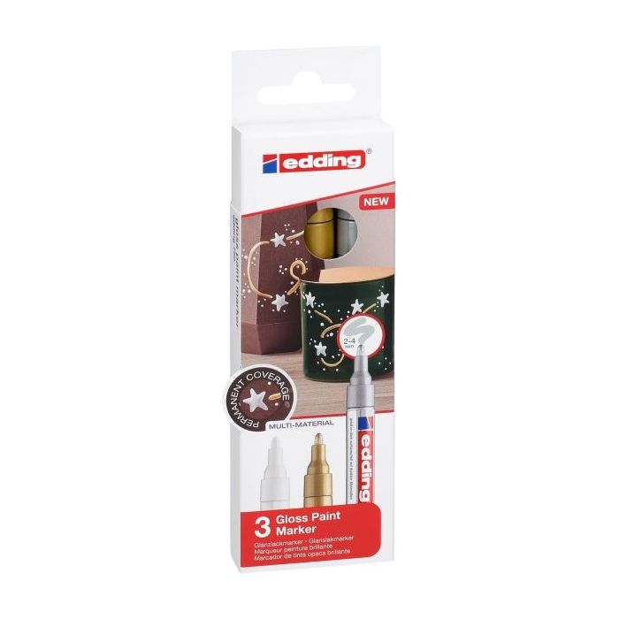 Edding 750 Pack de 3 Rotuladores Permanentes - Punta Redonda - Trazo entre 2 y 4 mm. - Tinta Opaca - Secado Rapido - Colores Blanco, Plata y Oro