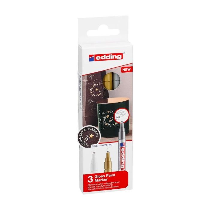 Edding 780 Pack de 3 Rotuladores Permanentes de Tinta Opaca - Punta Redonda - Trazo 0.8mm - Puntas de Recambio Disponibles - Secado Rapido - Colores Blanco, Plata y Oro