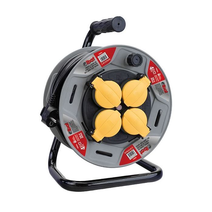 Elbat Enrollador Alargador con Proteccion Termica - 4 Shukos - Carga Maxima Enrollado 1100W, Desenrollado 3200W - Cable de 25m
