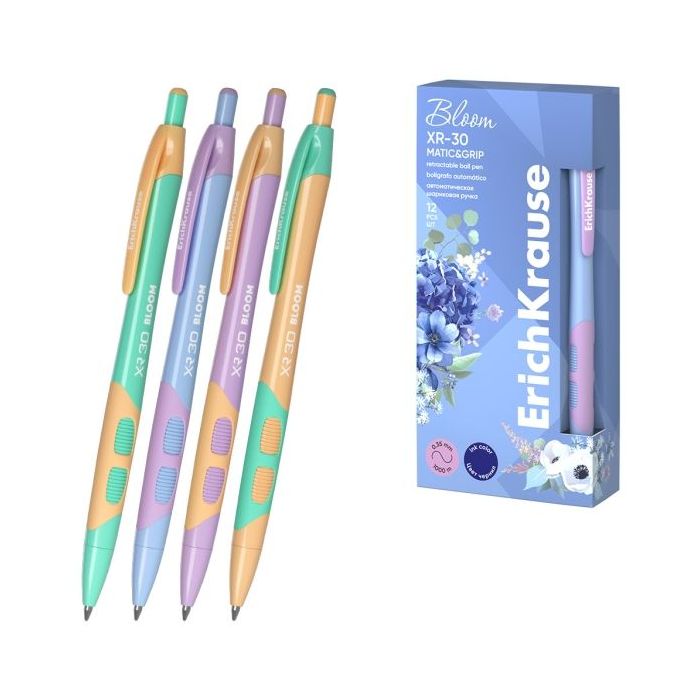 Erichkrause Bloom XR-30 Matic&Grip Pastel Boligrafo Retractil - Punta de Bola 0.7mm - Trazo de 0.35mm - Tinta Azul - Grip de Agarre - Cuerpo en Colores Pastel